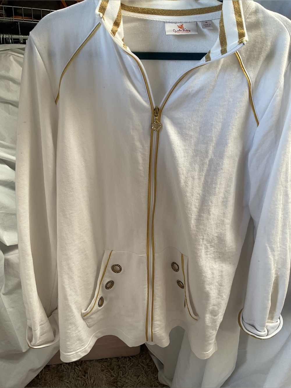 Quaker factory 2 piece blouse and jacket White Zip Front Jacket with Gold Trim